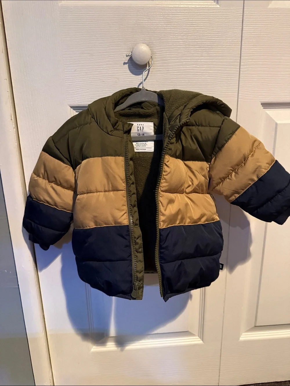 GAP Colorblock Puffer Jacket for Kids - Olive, Tan & Navy